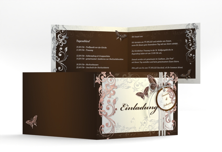 Hochzeitseinladung Toulouse A6 Klappkarte quer braun rosegold mit Schmetterlingen und Schnörkeln