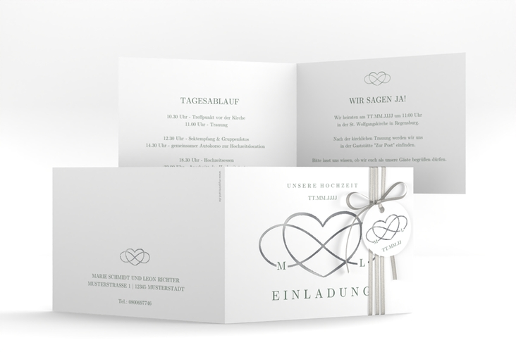 Hochzeitseinladung Infinity A6 Klappkarte quer gruen silber
