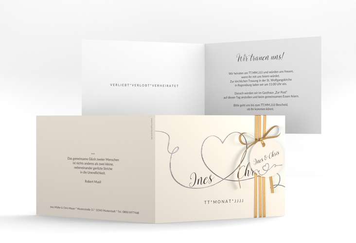 Hochzeitseinladung Dolce A6 Klappkarte quer beige silber