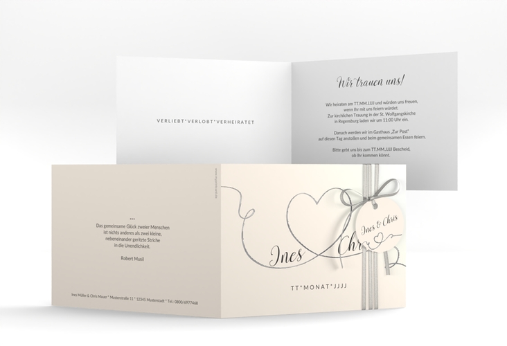 Hochzeitseinladung Dolce A6 Klappkarte quer beige silber