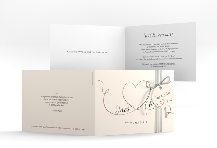 Hochzeitseinladung Dolce A6 Klappkarte quer beige rosegold