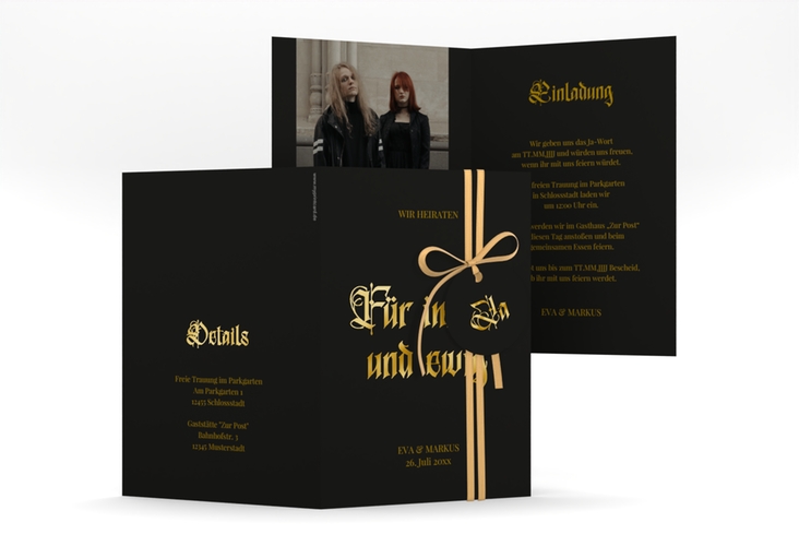 Einladungskarte Hochzeit Wednesday A6 Klappkarte hoch schwarz gold