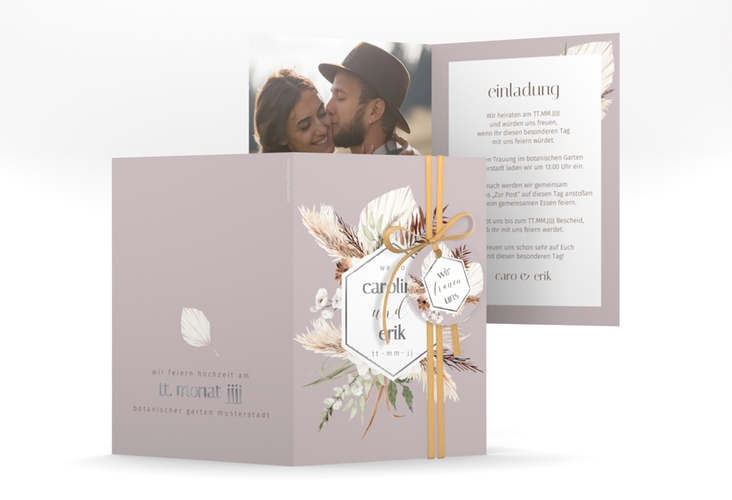 Einladungskarte Hochzeit Bohemian A6 Klappkarte hoch flieder silber mit Gräsern und Trockenblumen für Boho-Hochzeit