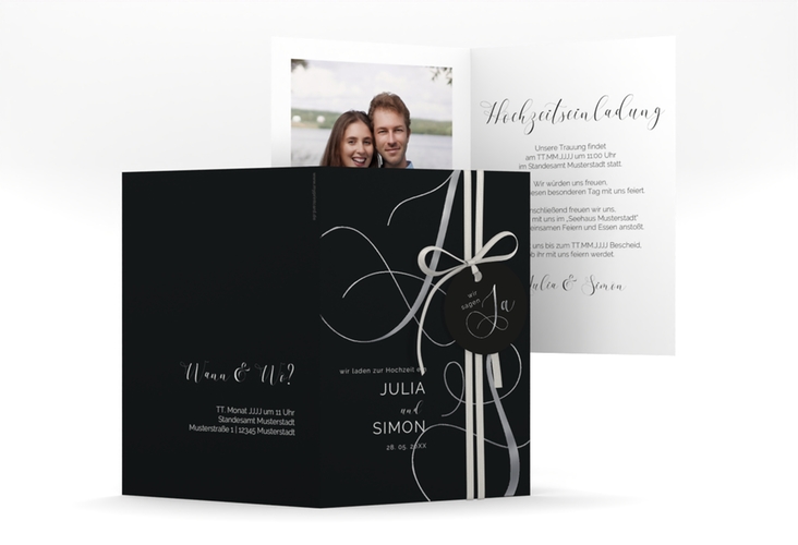 Hochzeitseinladung Eheschließung A6 Klappkarte hoch schwarz silber mit Gräsern und Trockenblumen für Boho-Hochzeit