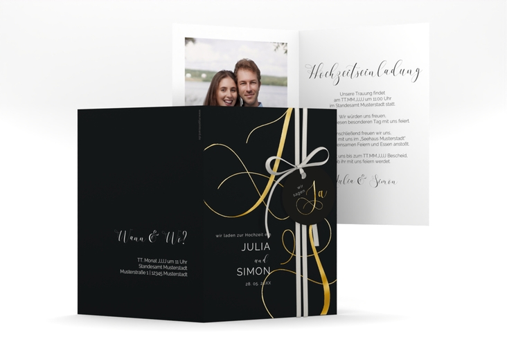 Hochzeitseinladung Eheschließung A6 Klappkarte hoch schwarz gold mit Gräsern und Trockenblumen für Boho-Hochzeit