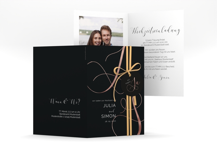 Hochzeitseinladung Eheschließung A6 Klappkarte hoch schwarz rosegold mit Gräsern und Trockenblumen für Boho-Hochzeit