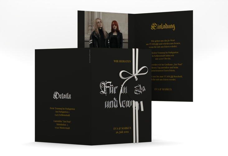 Einladungskarte Hochzeit Wednesday A6 Klappkarte hoch schwarz silber