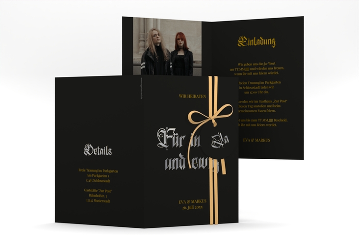 Einladungskarte Hochzeit Wednesday A6 Klappkarte hoch schwarz silber