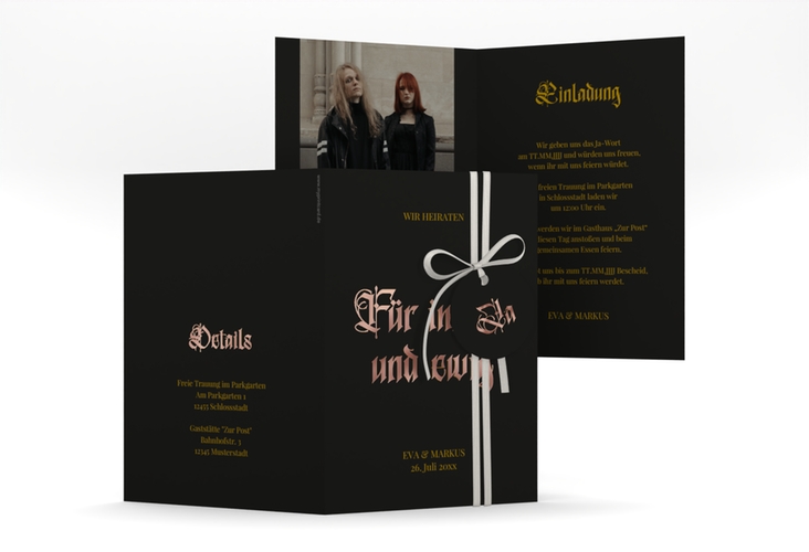 Einladungskarte Hochzeit Wednesday A6 Klappkarte hoch schwarz rosegold