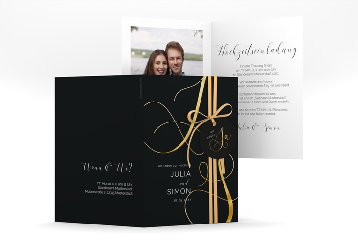 Hochzeitseinladung Eheschließung A6 Klappkarte hoch schwarz gold mit Gräsern und Trockenblumen für Boho-Hochzeit