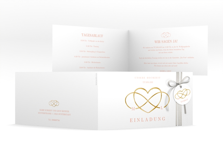 Hochzeitseinladung Infinity lange Klappkarte quer apricot gold