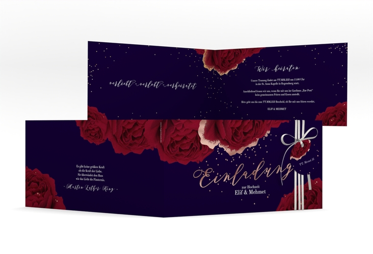 Hochzeitseinladung Cherie lange Klappkarte quer schwarz rosegold