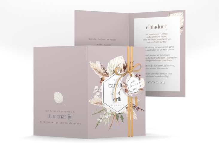 Einladungskarte Hochzeit Bohemian A6 Klappkarte hoch flieder silber mit Gräsern und Trockenblumen für Boho-Hochzeit