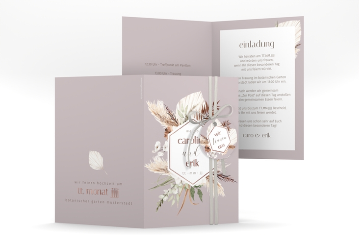Einladungskarte Hochzeit Bohemian A6 Klappkarte hoch flieder rosegold mit Gräsern und Trockenblumen für Boho-Hochzeit