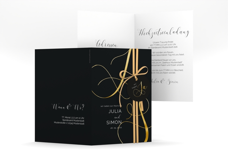 Hochzeitseinladung Eheschließung A6 Klappkarte hoch schwarz gold mit Gräsern und Trockenblumen für Boho-Hochzeit