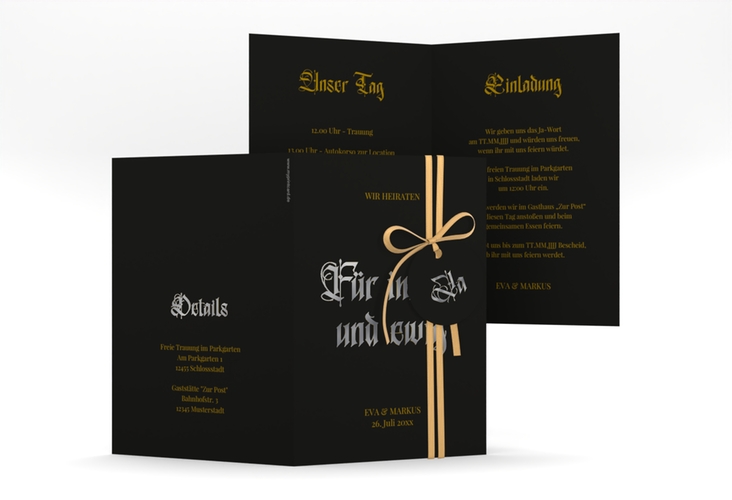 Einladungskarte Hochzeit Gothic A6 Klappkarte hoch schwarz silber