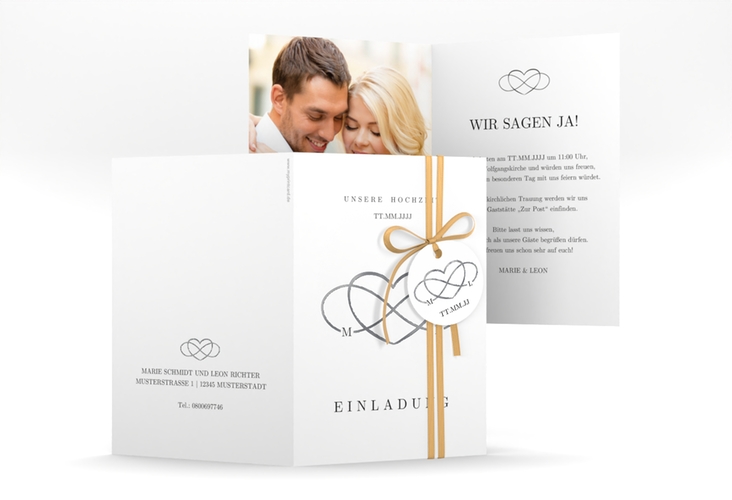 Einladungskarte Hochzeit Infinity A6 Klappkarte hoch schwarz silber