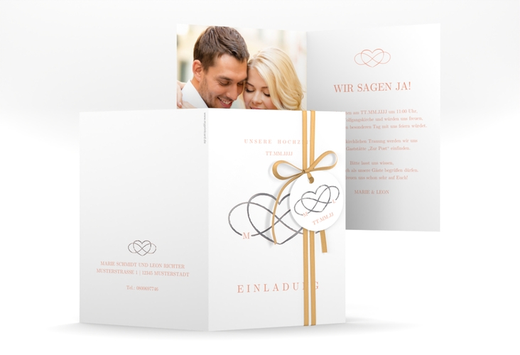 Einladungskarte Hochzeit Infinity A6 Klappkarte hoch apricot silber