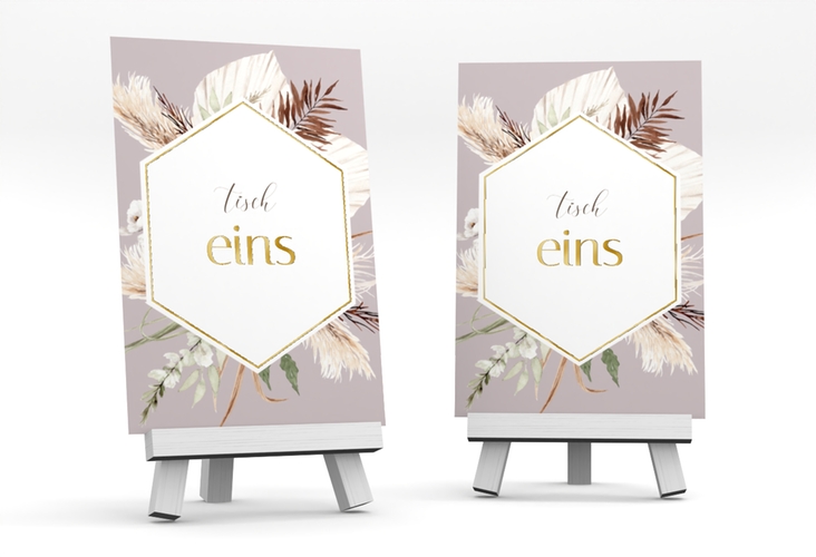 Tischnummer Hochzeit Bohemian Tischaufsteller flieder gold