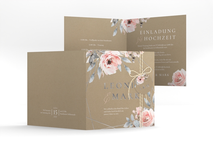 Hochzeitseinladung Perfection quadr. Klappkarte Kraftpapier silber mit rosa Rosen