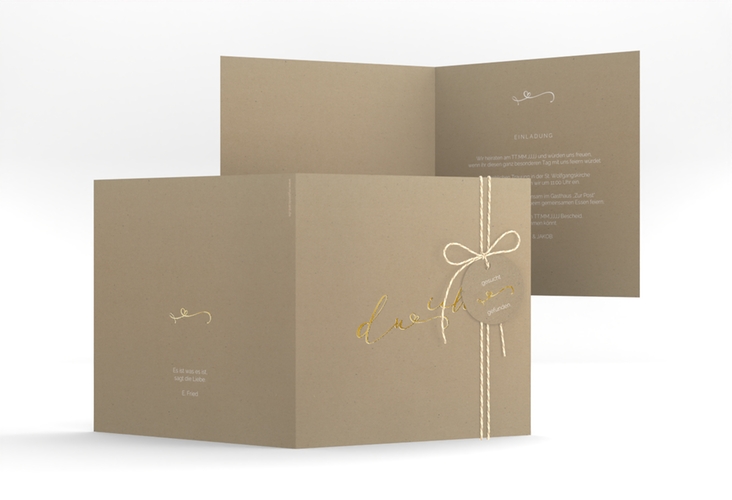 Hochzeitseinladung Zweisamkeit quadr. Klappkarte Kraftpapier gold im minimalistischen Stil mit Aufschrift du & ich