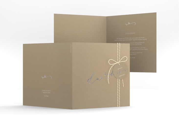 Hochzeitseinladung Zweisamkeit quadr. Klappkarte Kraftpapier silber im minimalistischen Stil mit Aufschrift du & ich