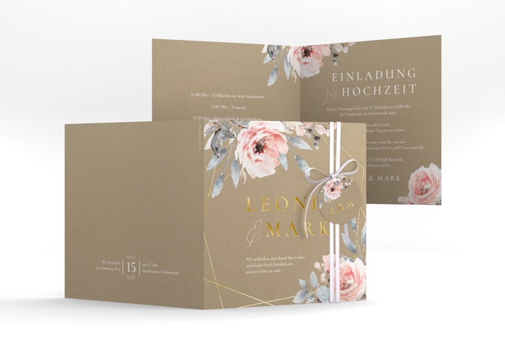 Hochzeitseinladung Perfection quadr. Klappkarte Kraftpapier gold mit rosa Rosen
