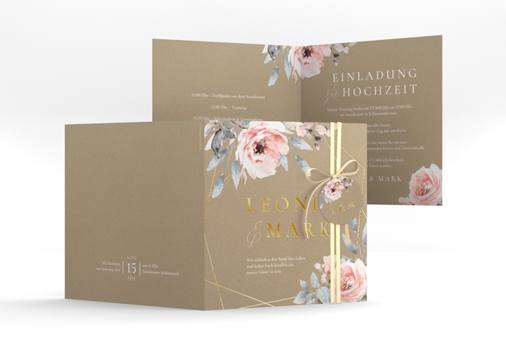 Hochzeitseinladung Perfection quadr. Klappkarte Kraftpapier gold mit rosa Rosen