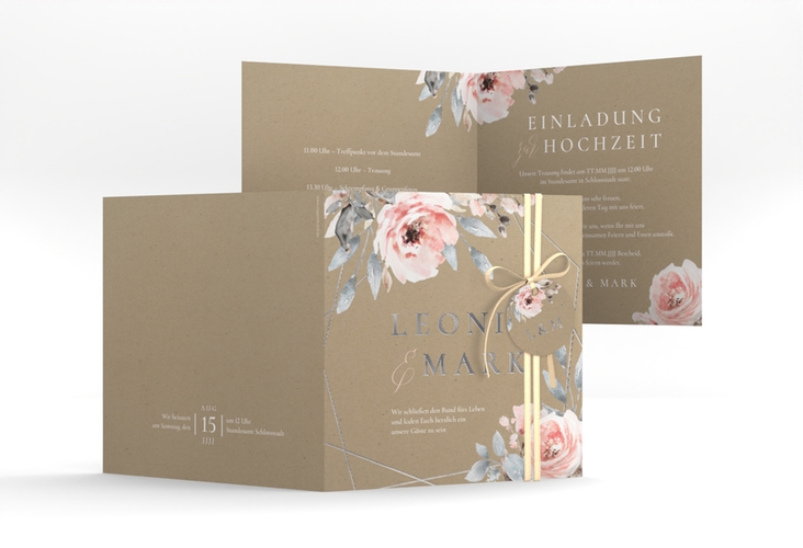Hochzeitseinladung Perfection quadr. Klappkarte Kraftpapier silber mit rosa Rosen