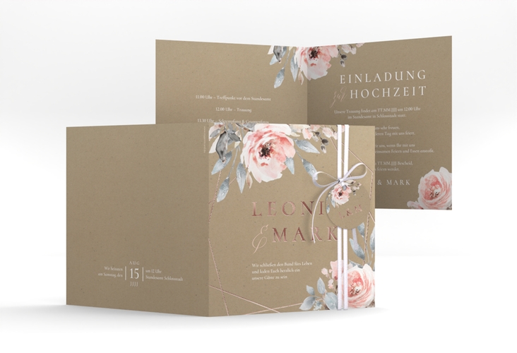 Hochzeitseinladung Perfection quadr. Klappkarte Kraftpapier rosegold mit rosa Rosen