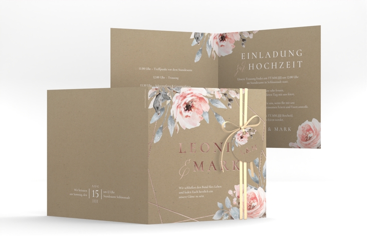 Hochzeitseinladung Perfection quadr. Klappkarte Kraftpapier rosegold mit rosa Rosen