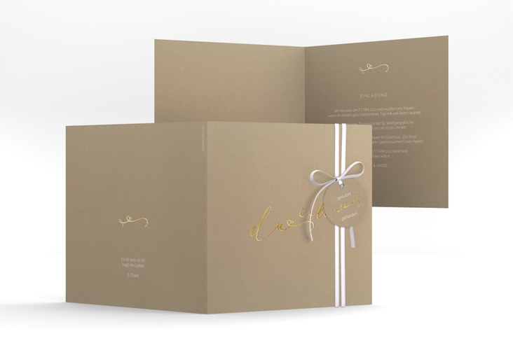 Hochzeitseinladung Zweisamkeit quadr. Klappkarte Kraftpapier gold im minimalistischen Stil mit Aufschrift du & ich