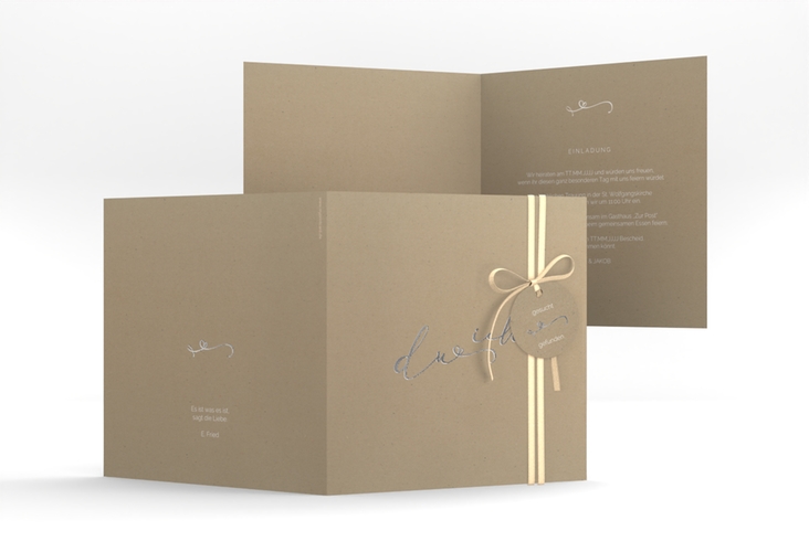 Hochzeitseinladung Zweisamkeit quadr. Klappkarte Kraftpapier silber im minimalistischen Stil mit Aufschrift du & ich