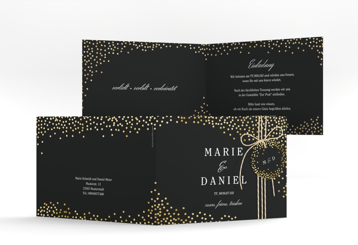 Hochzeitseinladung Glitter A6 Klappkarte quer schwarz gold