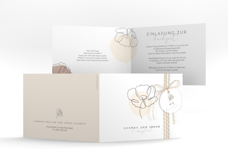 Hochzeitseinladung Flowerline A6 Klappkarte quer apricot silber