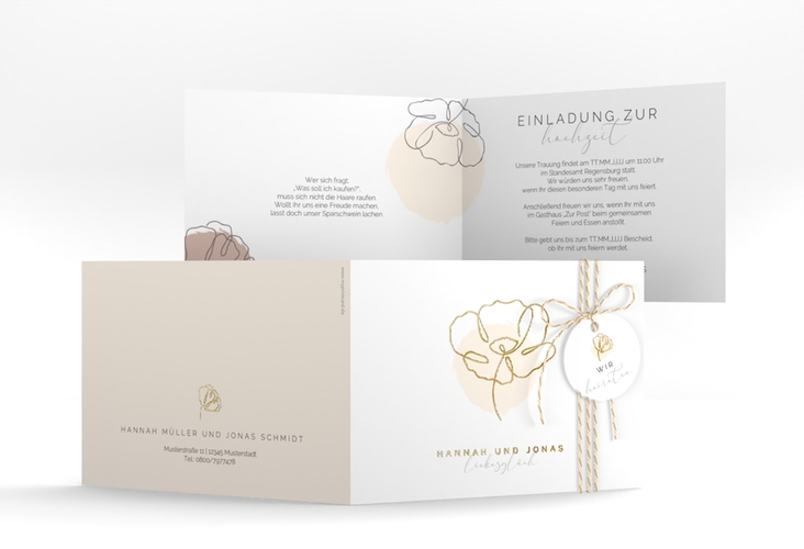 Hochzeitseinladung Flowerline A6 Klappkarte quer apricot gold