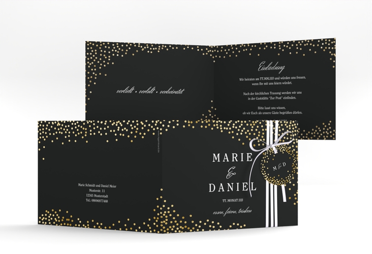 Hochzeitseinladung Glitter A6 Klappkarte quer schwarz gold