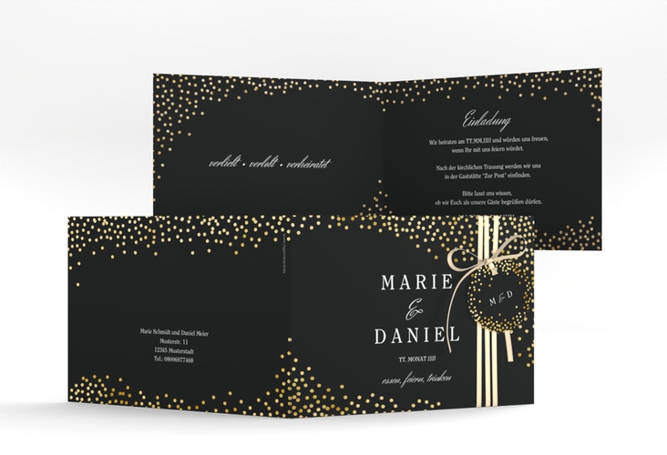 Hochzeitseinladung Glitter A6 Klappkarte quer schwarz gold
