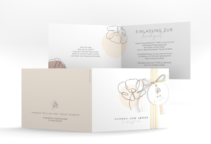 Hochzeitseinladung Flowerline A6 Klappkarte quer apricot silber