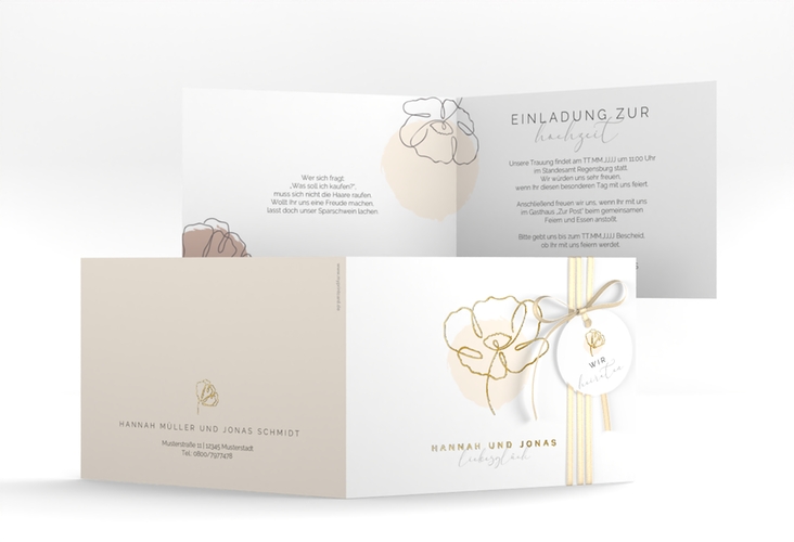 Hochzeitseinladung Flowerline A6 Klappkarte quer apricot gold