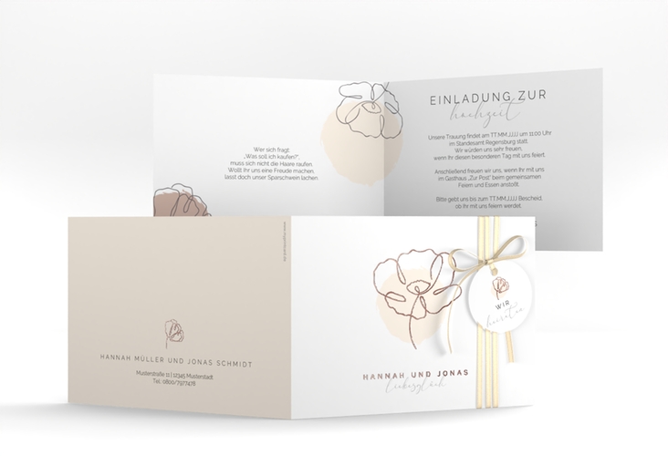 Hochzeitseinladung Flowerline A6 Klappkarte quer apricot rosegold