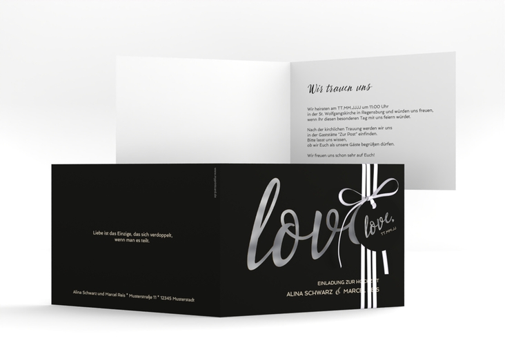 Hochzeitseinladung Glam A6 Klappkarte quer schwarz silber