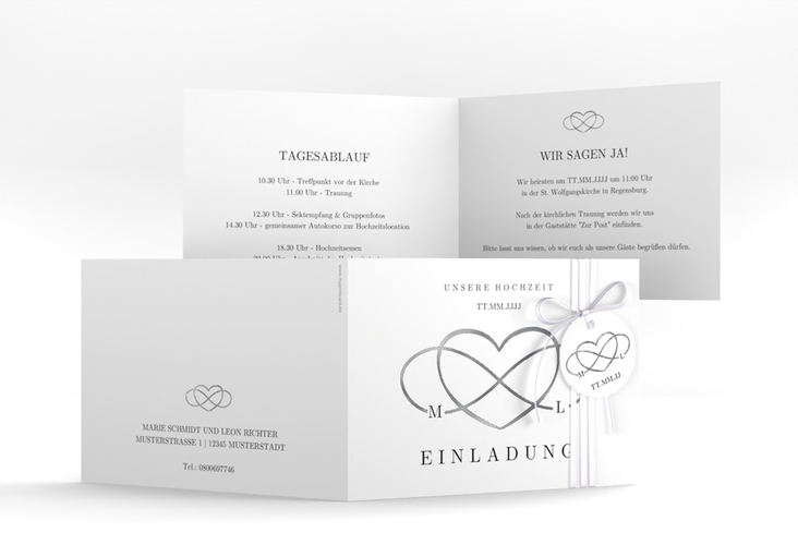 Hochzeitseinladung Infinity A6 Klappkarte quer schwarz silber