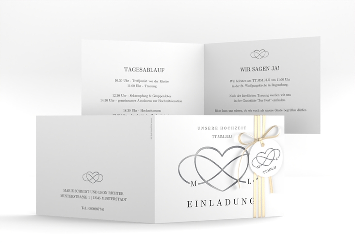 Hochzeitseinladung Infinity A6 Klappkarte quer schwarz silber