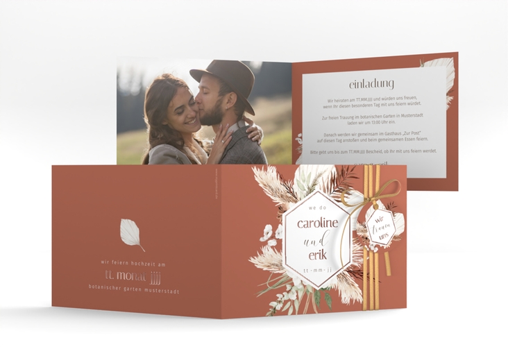 Hochzeiteinladung Bohemian A6 Klappkarte quer orange rosegold mit Pampasgras