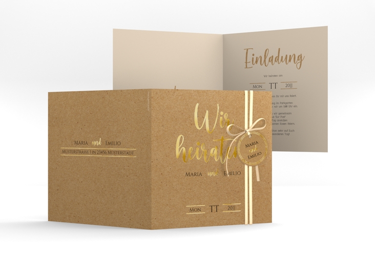 Hochzeitseinladung Noble quadr. Klappkarte Kraftpapier gold mit elegantem Schriftzug