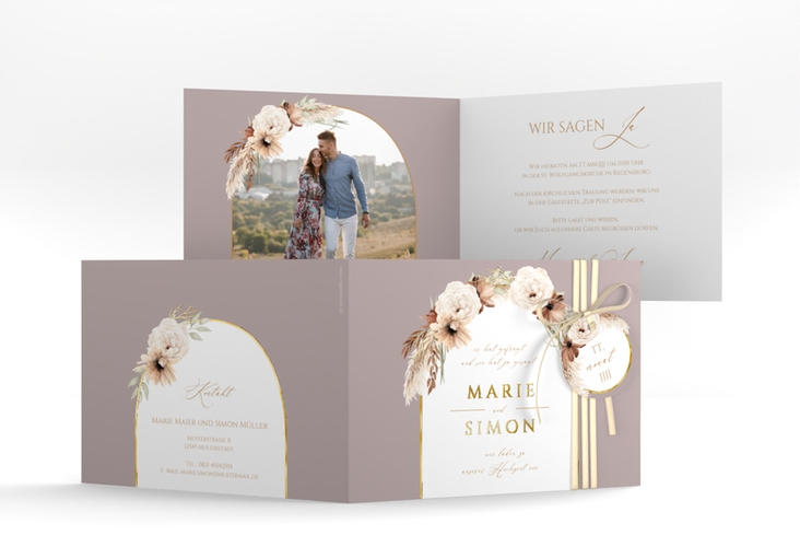 Hochzeitseinladung Blumenbogen A6 Klappkarte quer flieder gold