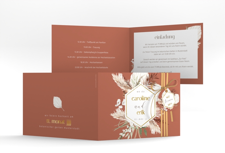 Hochzeiteinladung Bohemian A6 Klappkarte quer orange gold mit Pampasgras