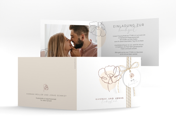 Hochzeitseinladung Flowerline A6 Klappkarte quer apricot rosegold