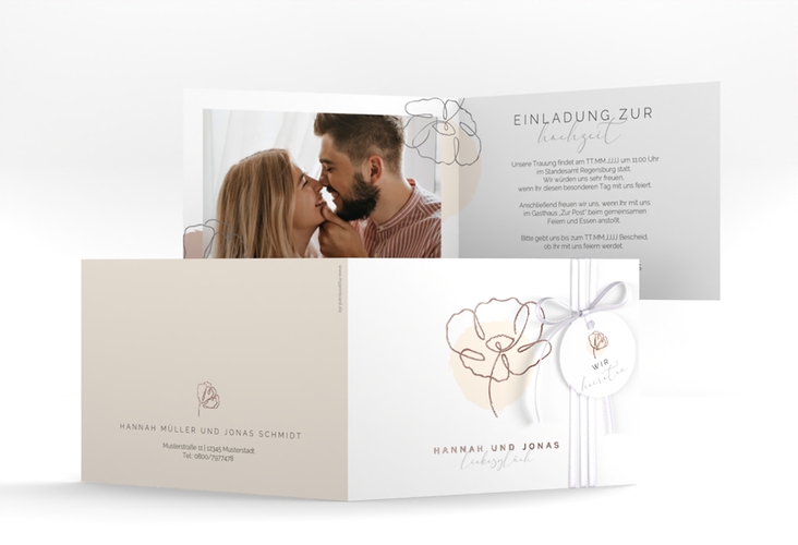 Hochzeitseinladung Flowerline A6 Klappkarte quer apricot rosegold